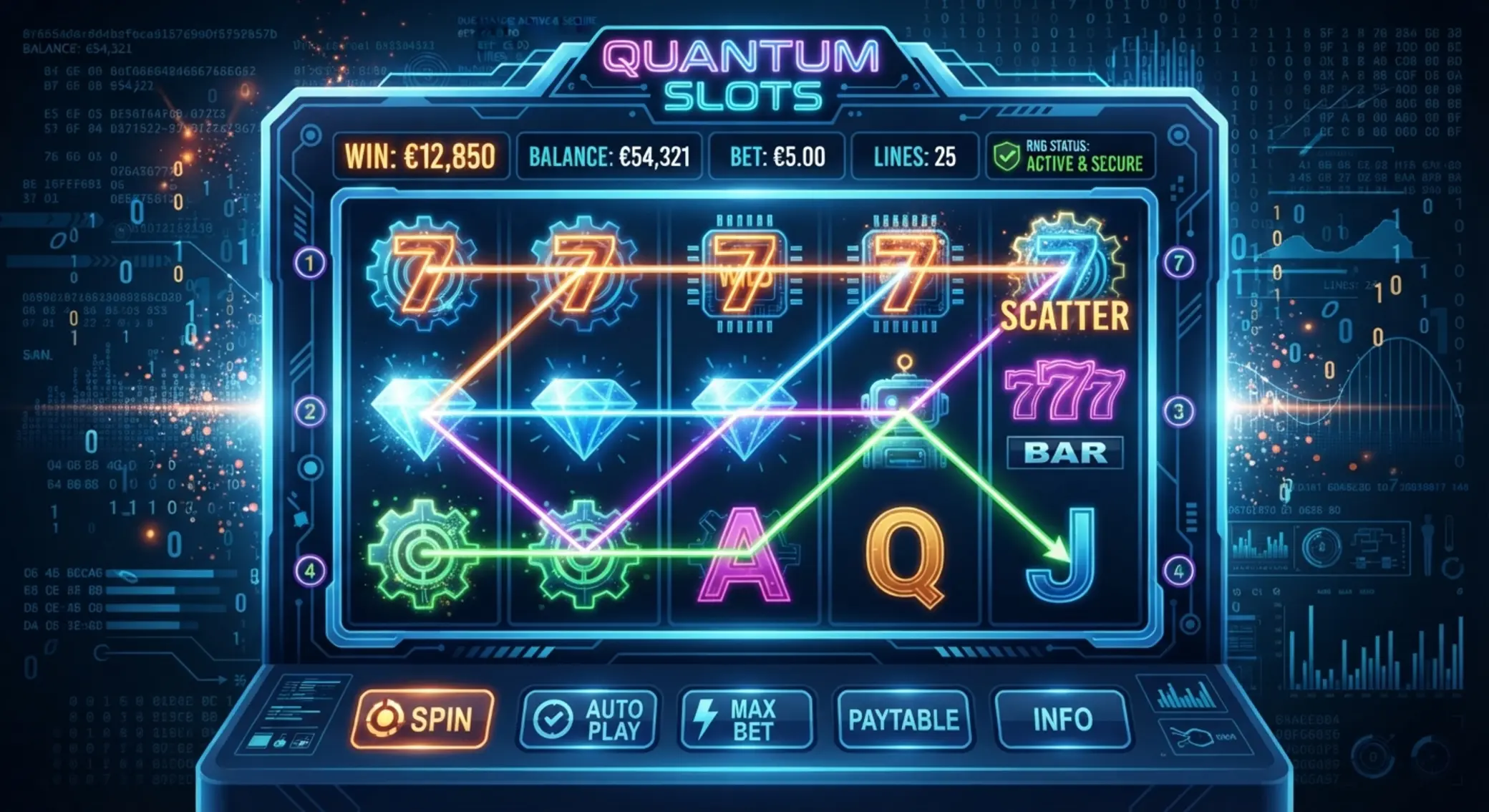 Jak działają automaty online Schemat slotu z liniami wygrywającymi i tłem symbolizującym RNG