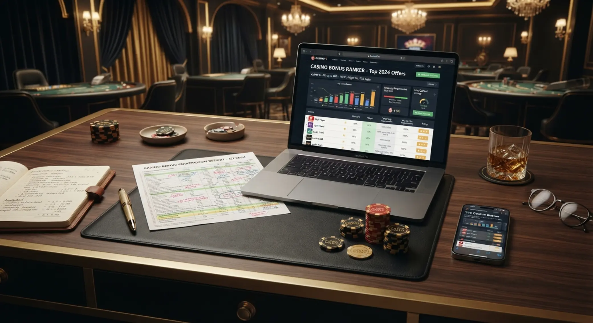 Porównywanie bonusów high roller przy stole z tabelami i żetonami