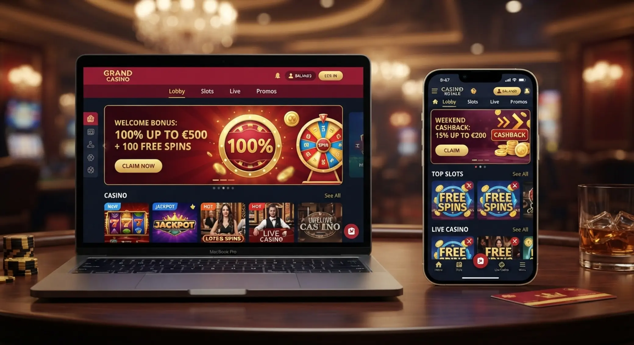 Porównanie ofert bonusowych w kilku kasynach online na laptopie i telefonie