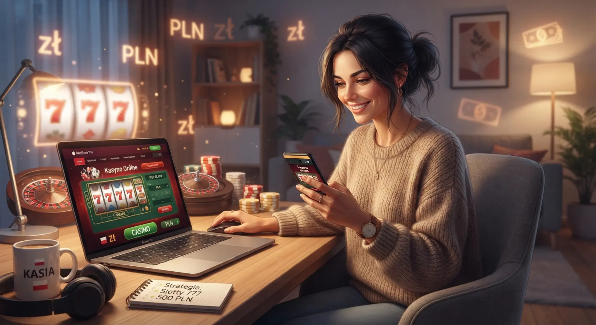 Polski gracz w kasynie online Polski gracz korzystający z kasyna online na laptopie i telefonie